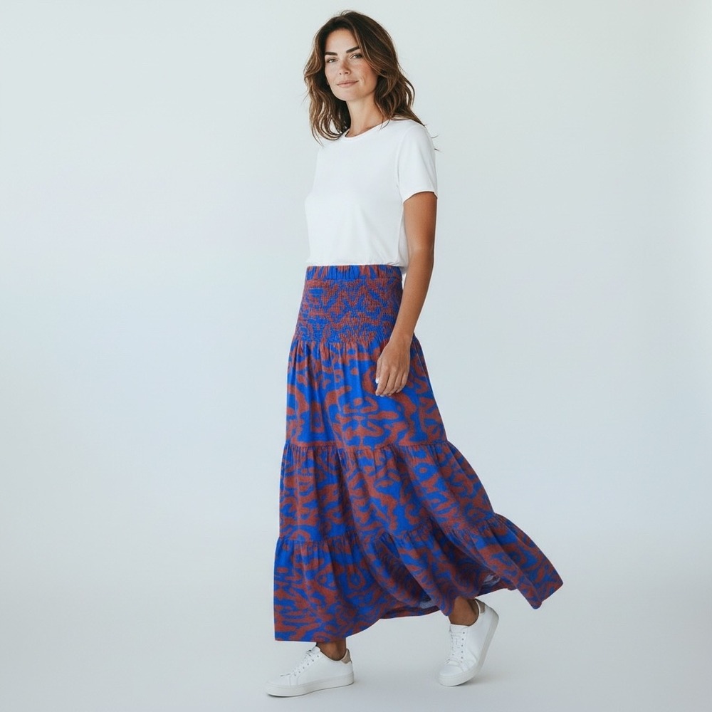 Nine West Tiered Linen‎ Maxi Skirt Smocked Waist XS Boho Peasant Cottage Artsy
